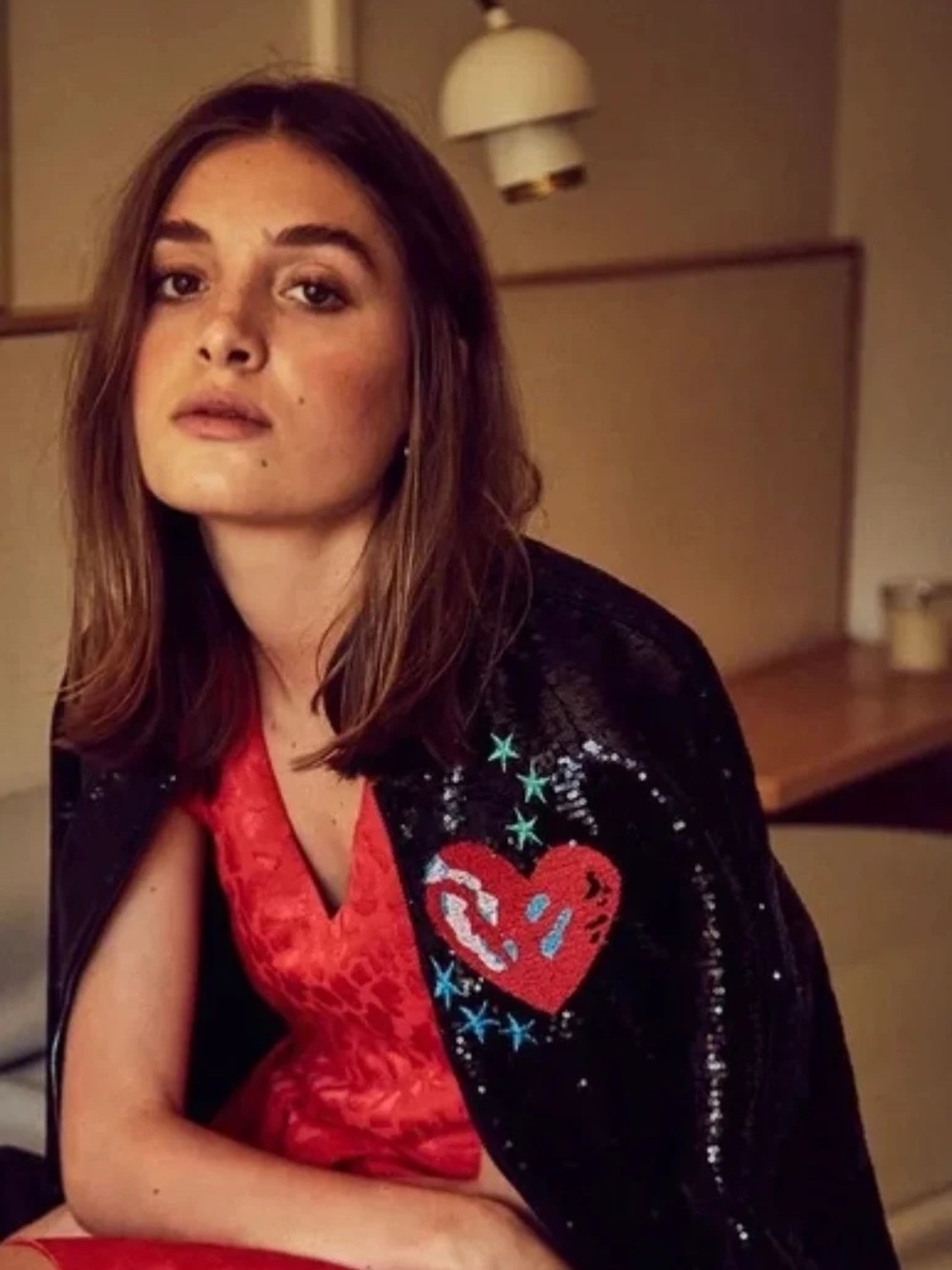 Anthropologie Maje Sequin Black Red Embroidered Bomber Moto Jacket - Picture 3 of 5